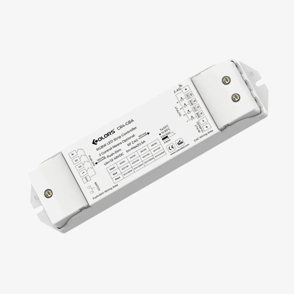 RGBW LED Strip Controller – 2.4G RF & Push-Dim, 12-48V DC